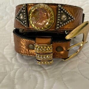 Ornate Vintage Leather Belt w/ Metal & Jewels